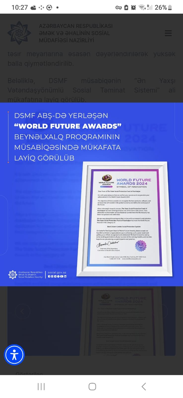 DSMF ABŞ-də yerləşən “World Future Awards” beynəlxalq proqramının müsabiqəsində mükafata layiq görülüb