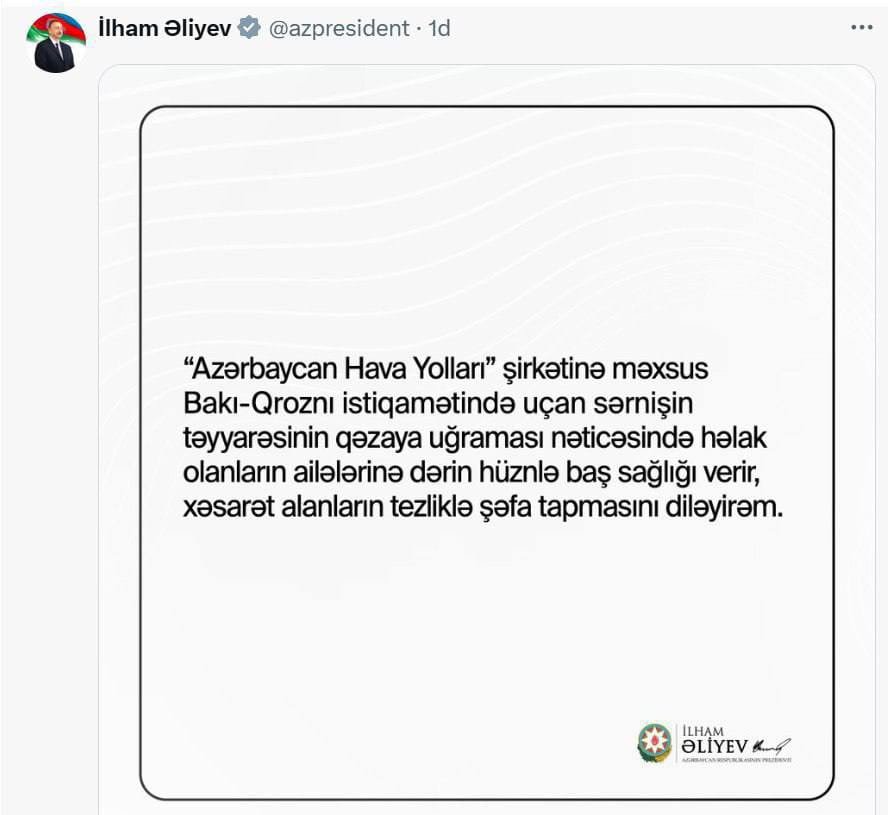 Prezident AZAL-ın qəzaya uğrayan təyyarəsi ilə bağlı başsağlığı verib