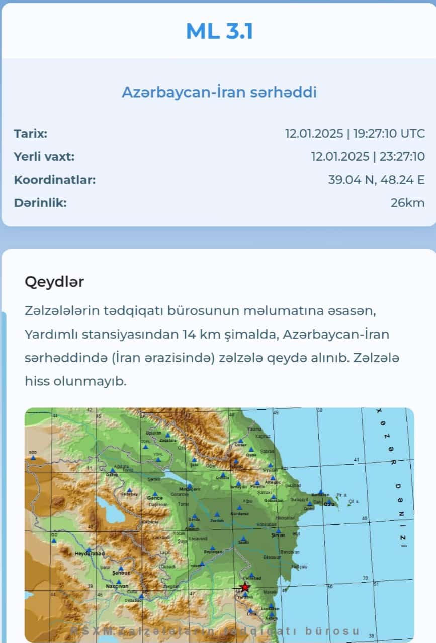 Azərbaycan-İran sərhədində zəlzələ olub.