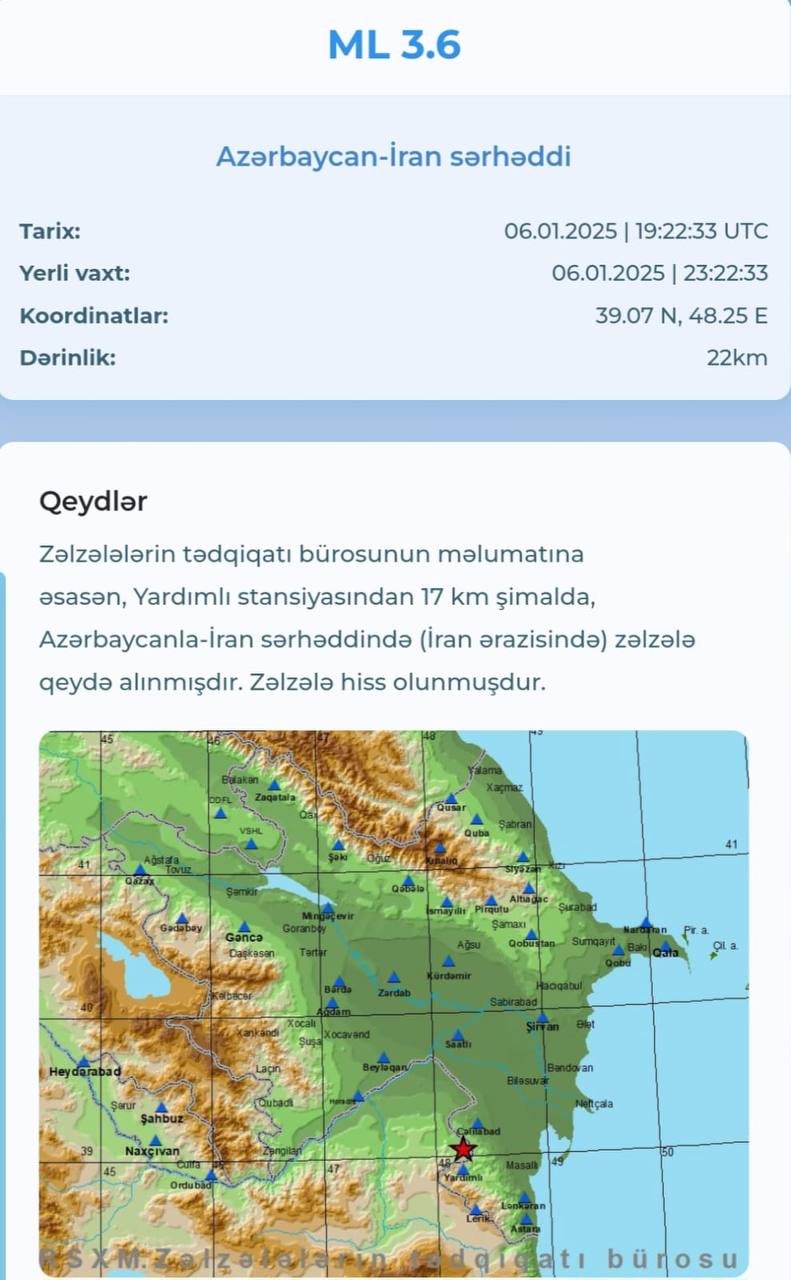 Azərbaycan-İran sərhəddində 3,6 bal gücündə zəlzələ baş verib