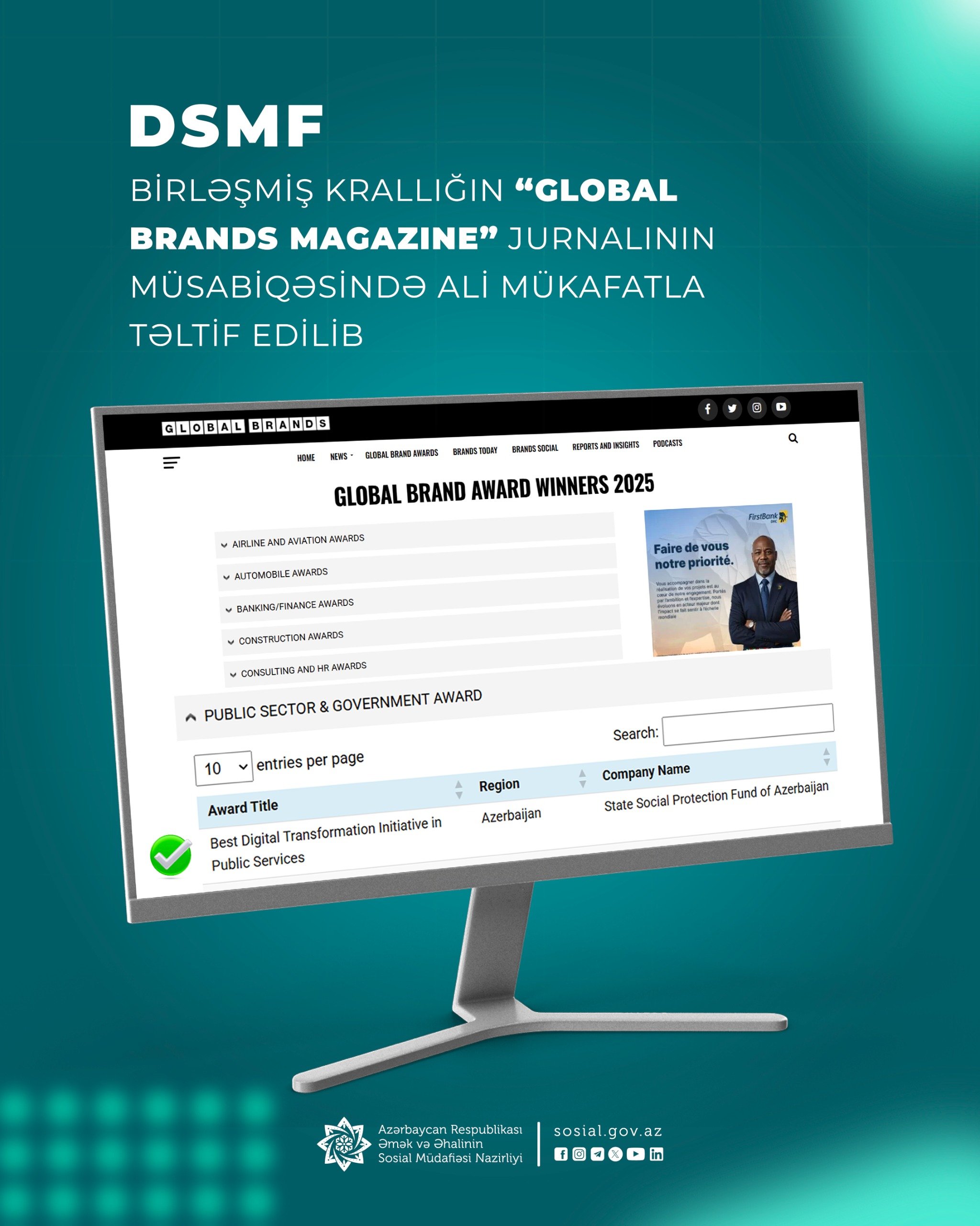 DSMF Birləşmiş Krallığın “Global Brands Magazine” jurnalının  müsabiqəsində ali mükafatla təltif edilib