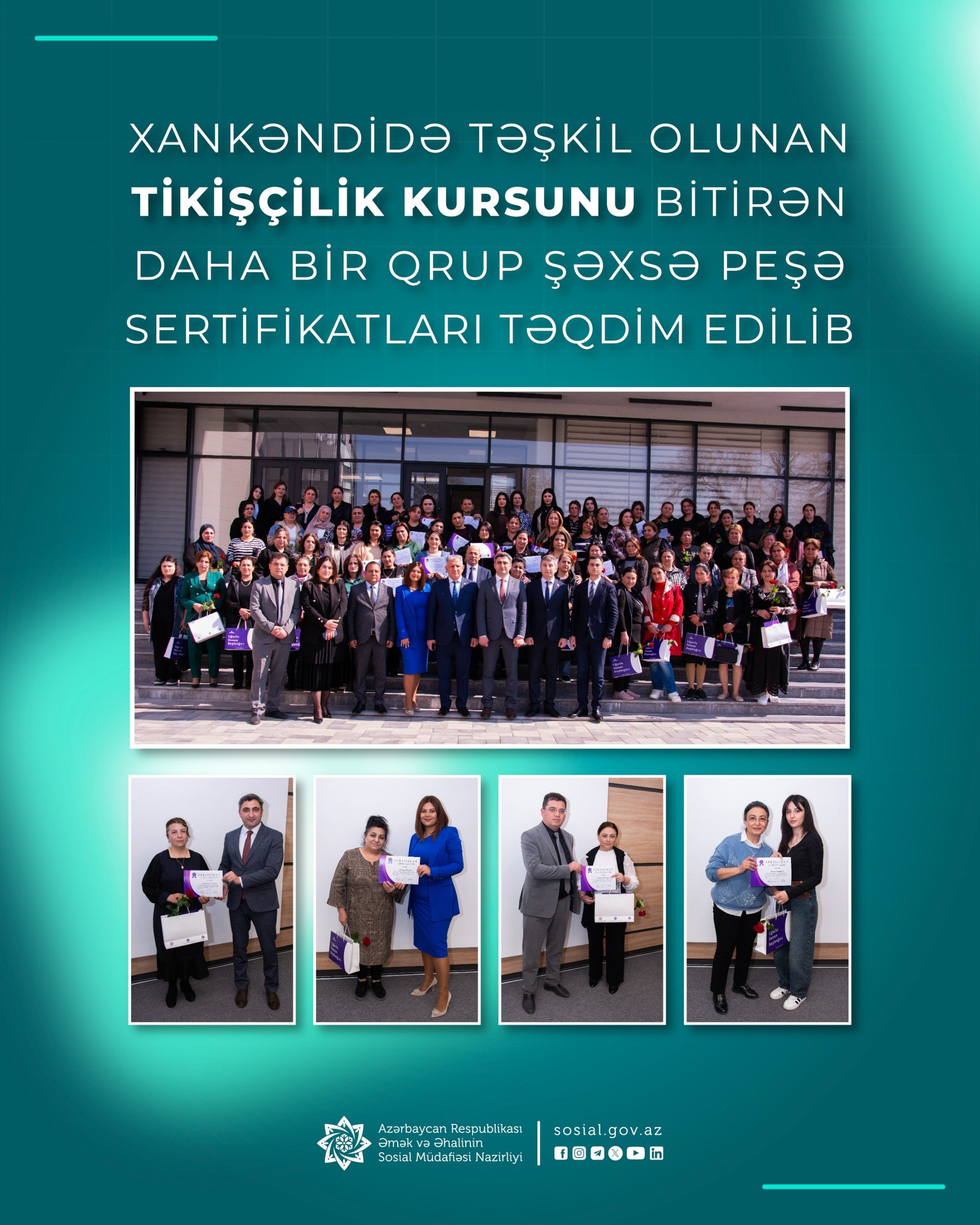 Xankəndidə təşkil olunan tikişçilik kursunu bitirən daha  bir qrup şəxsə peşə sertifikatları təqdim edilib