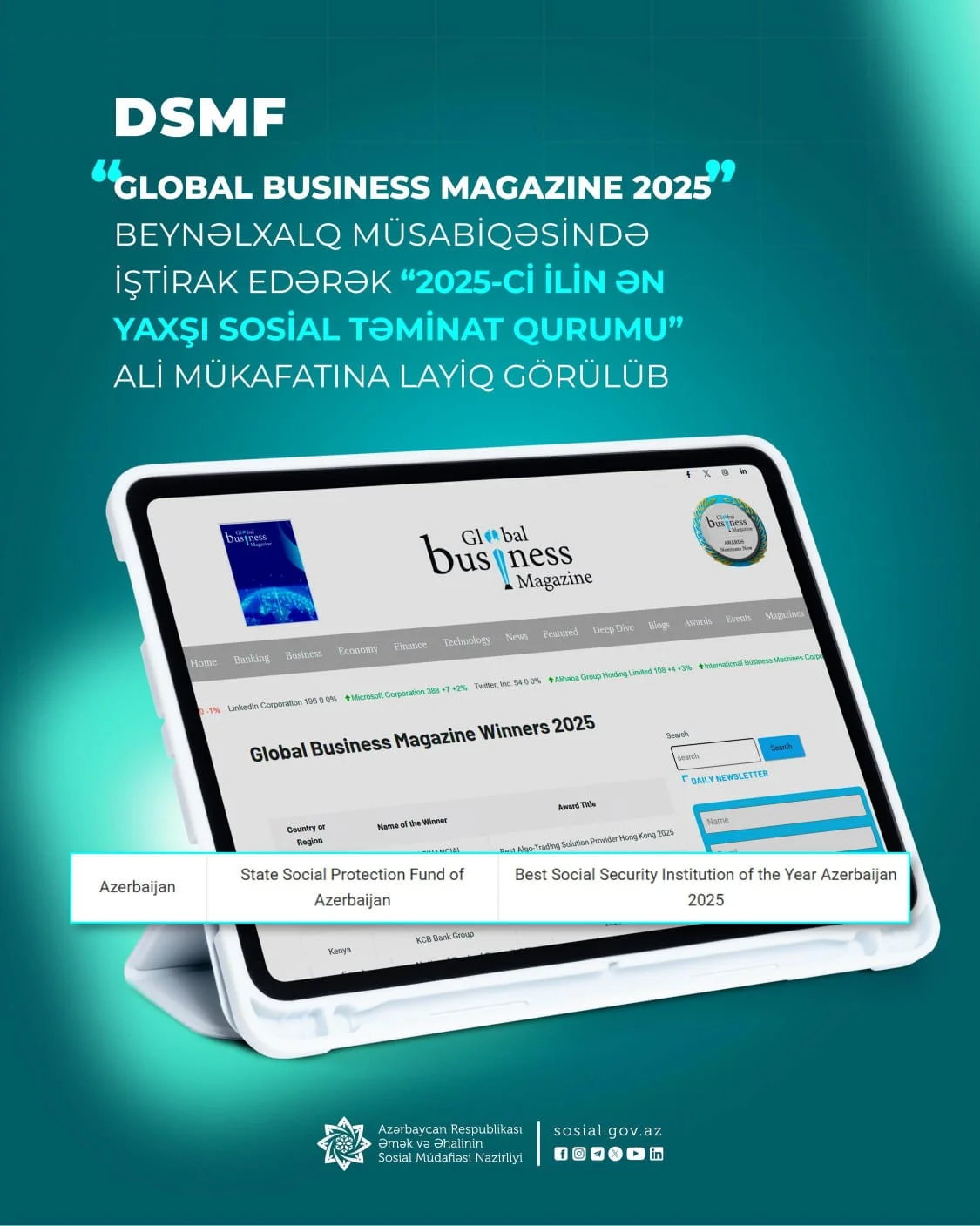 DSMF daha bir beynəlxalq müsabiqədə “2025-ci ilin Ən Yaxşı Sosial Təminat Qurumu” ali mükafatına layiq görüldü