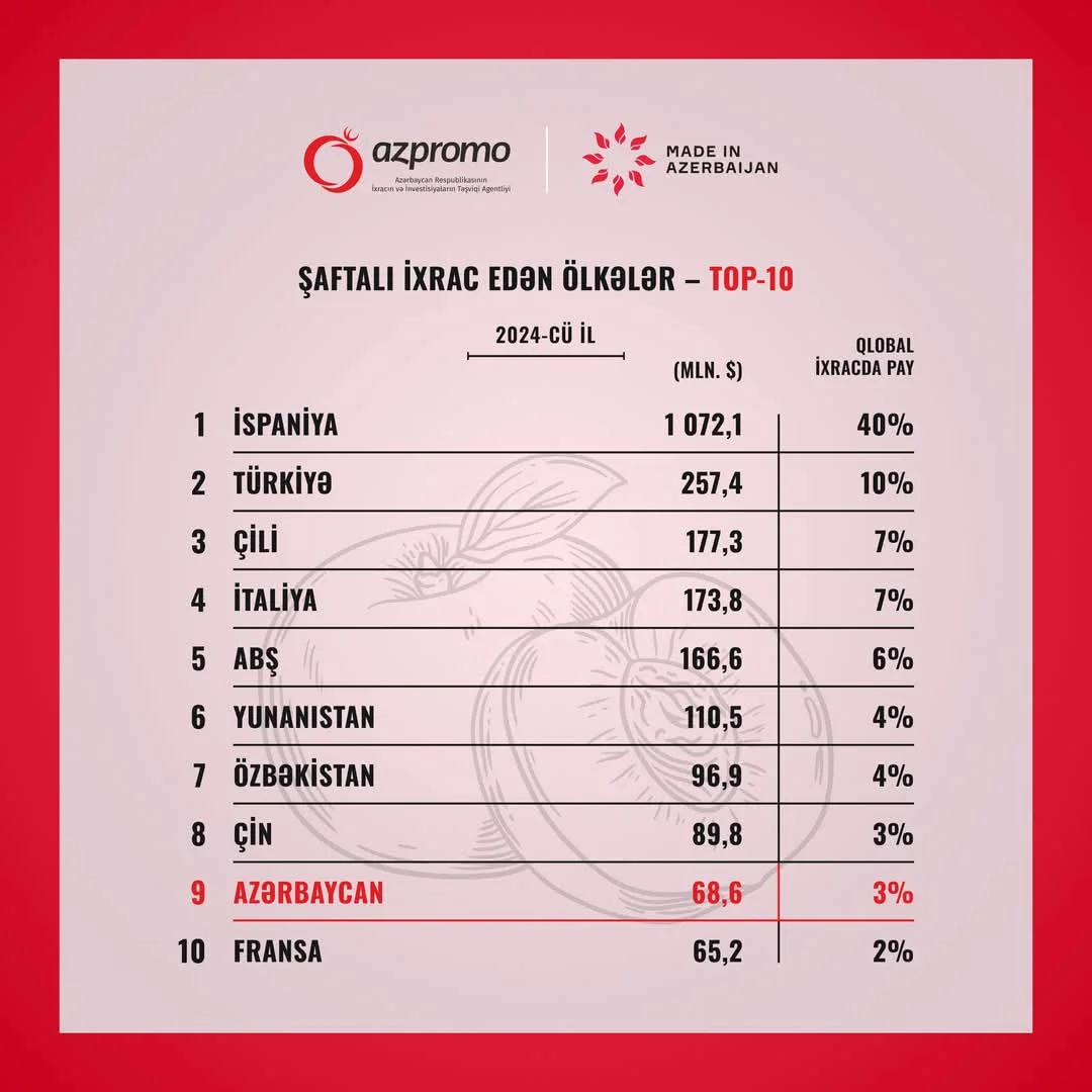 Azərbaycan şaftalı ixracı üzrə dünyada 9-cu yerdə qərarlaşıb