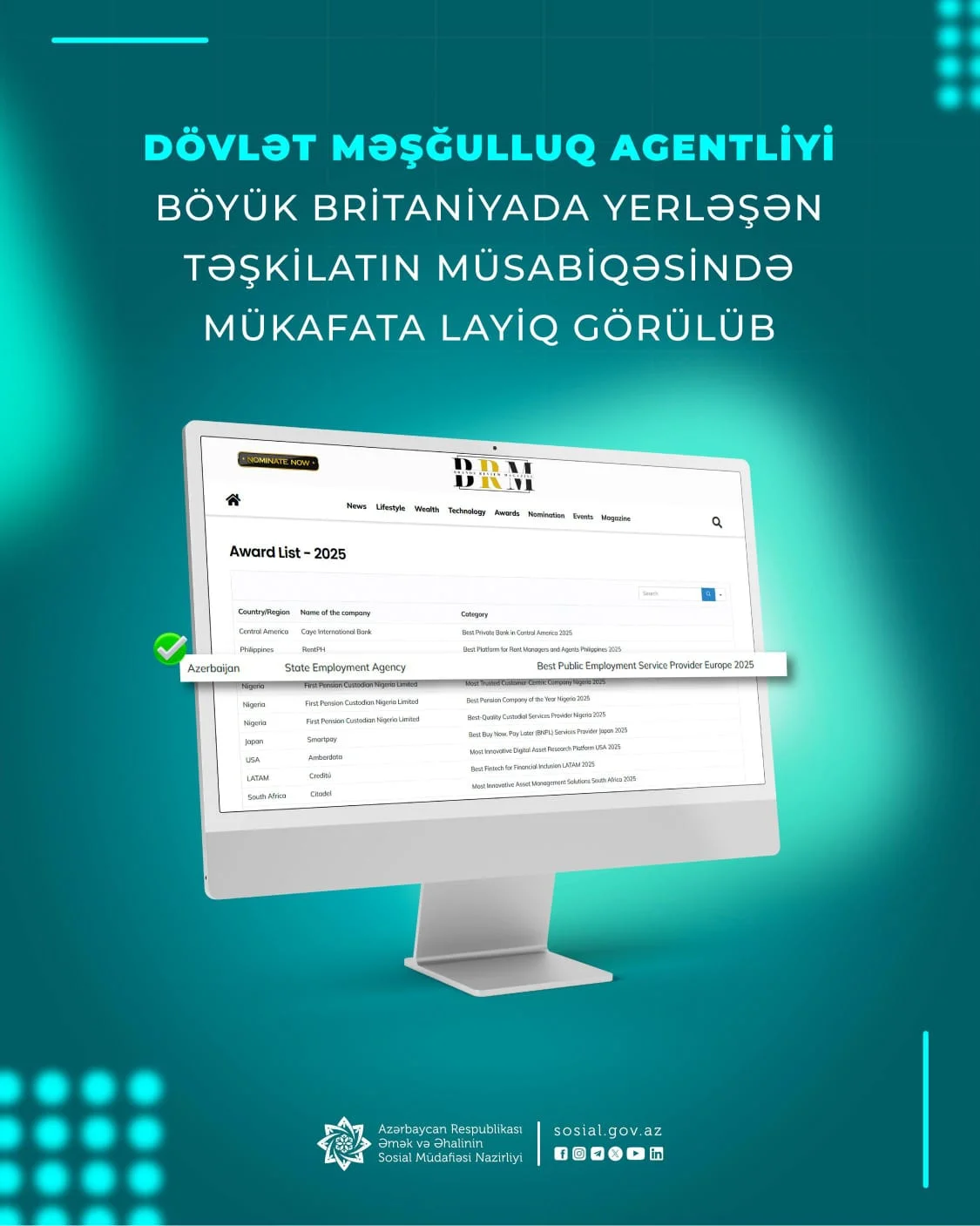 Dövlət Məşğulluq Agentliyi Böyük Britaniyada yerləşən təşkilatın müsabiqəsində mükafata layiq görülüb