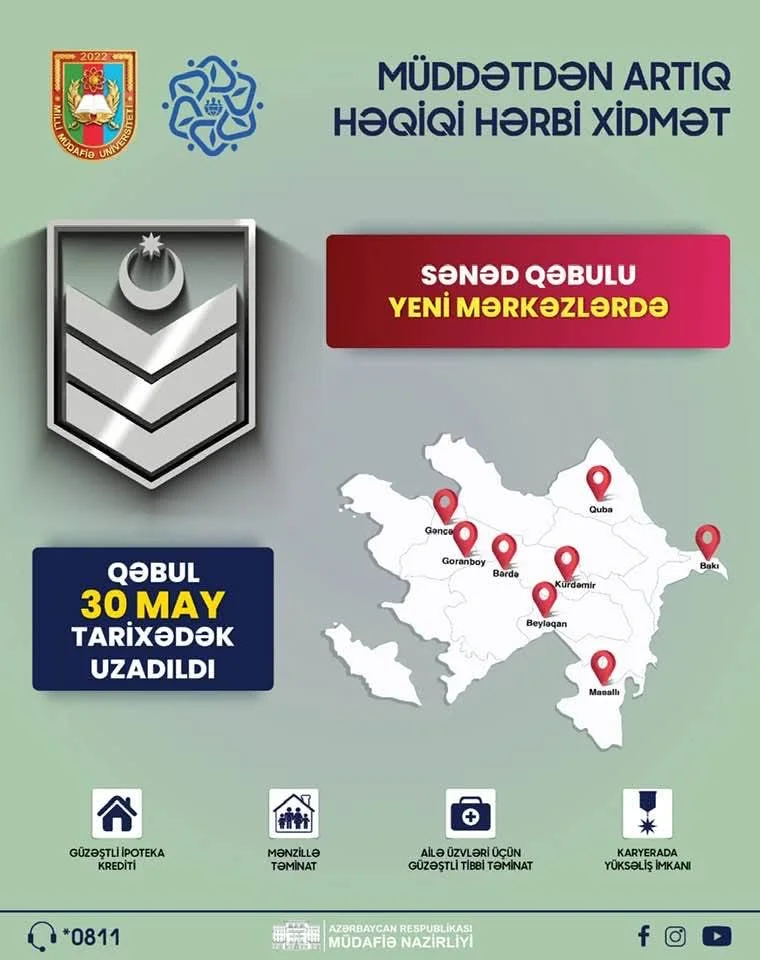 Müddətdən artıq həqiqi hərbi xidmətə qəbul üçün müraciətlərin müddəti uzadılıb