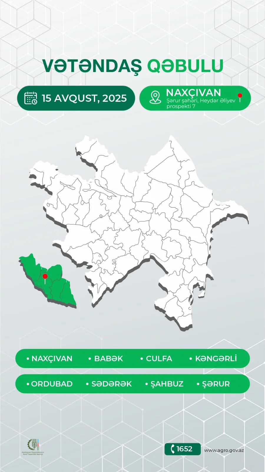 Kənd təsərrüfatı naziri Məcnun Məmmədov Şərurda vətəndaşları qəbul edəcək
