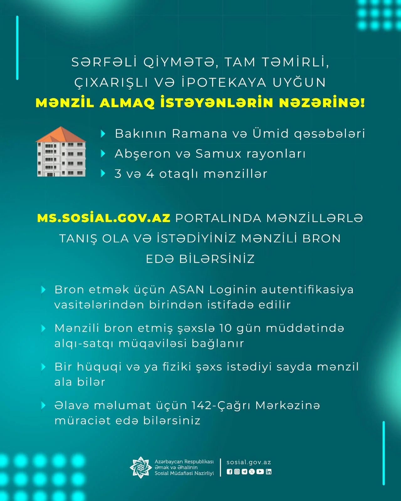 Nazirlik tərəfindən mənzillərin onlayn qaydada satışı davam edir