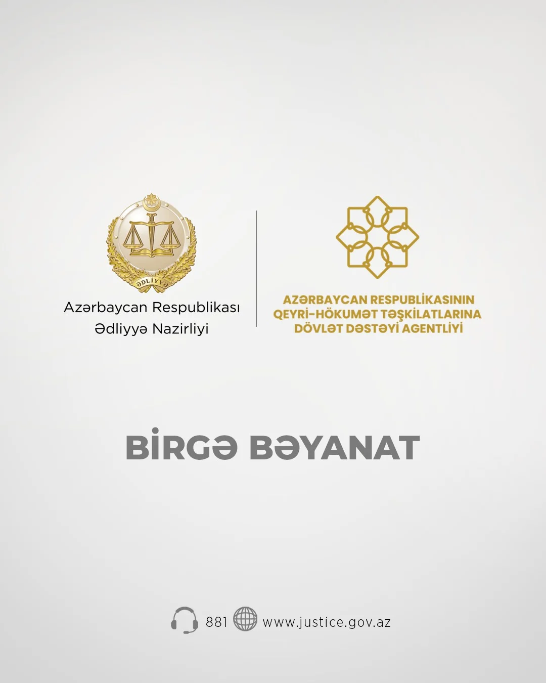 ƏDLİYYƏ NAZİRLİYİ VƏ QHT-LƏRƏ DÖVLƏT DƏSTƏYİ AGENTLİYİNİN BİRGƏ BƏYANATI