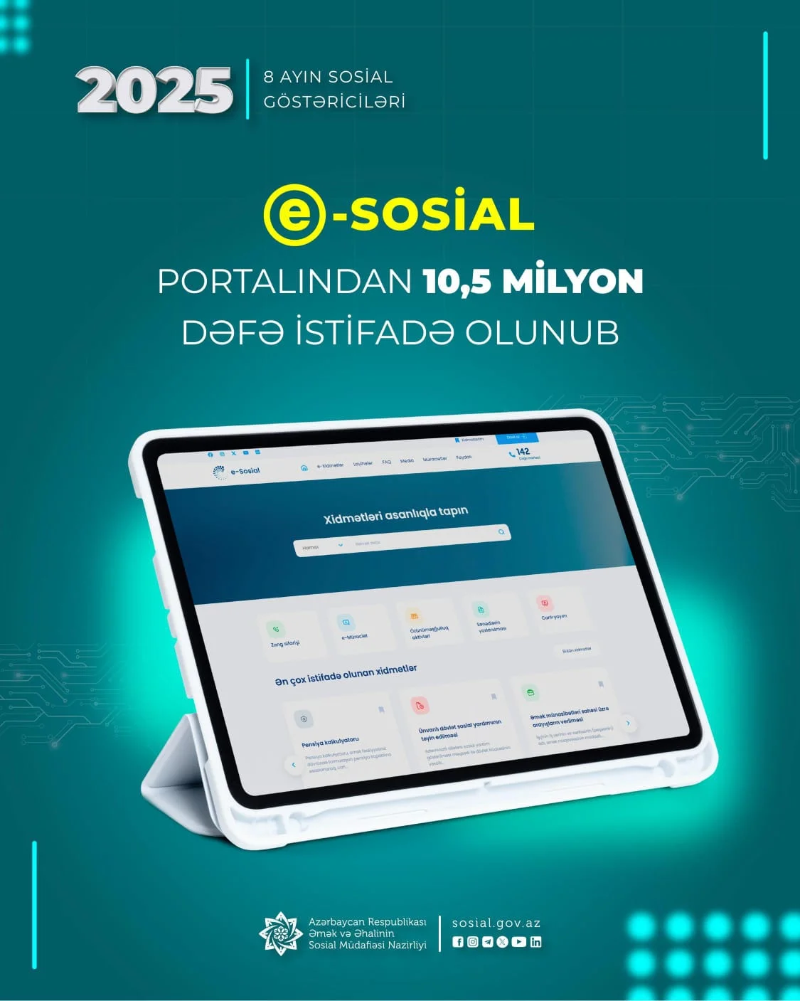 Yanvar-avqust aylarında “e-sosial” internet portalından 10,5 milyon dəfə istifadə olunub