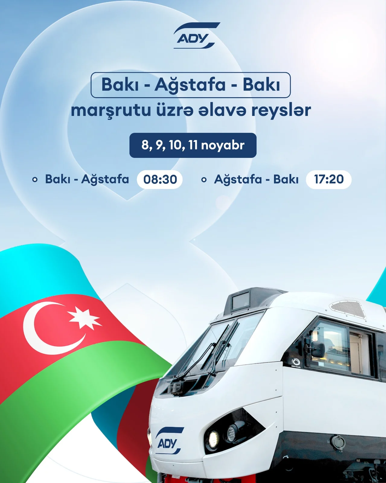 Zəfər Günü münasibətilə Bakı–Ağstafa marşrutu üzrə əlavə qatar reysləri təyin olunur