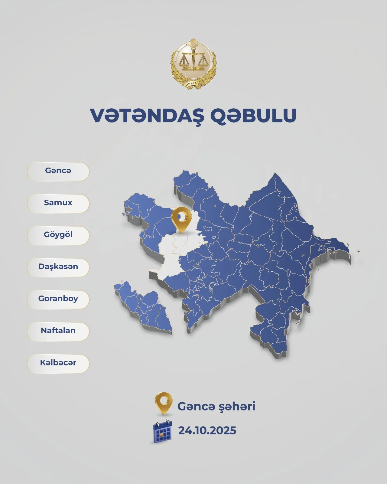 Ədliyyə naziri Gəncə şəhərində vətəndaşları qəbul edəcək