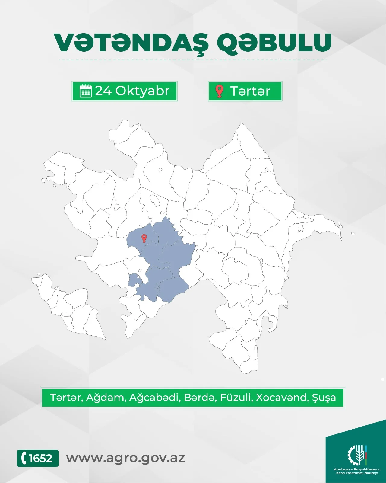 Kənd təsərrüfatı naziri Məcnun Məmmədov Tərtərdə vətəndaşları qəbul edəcək