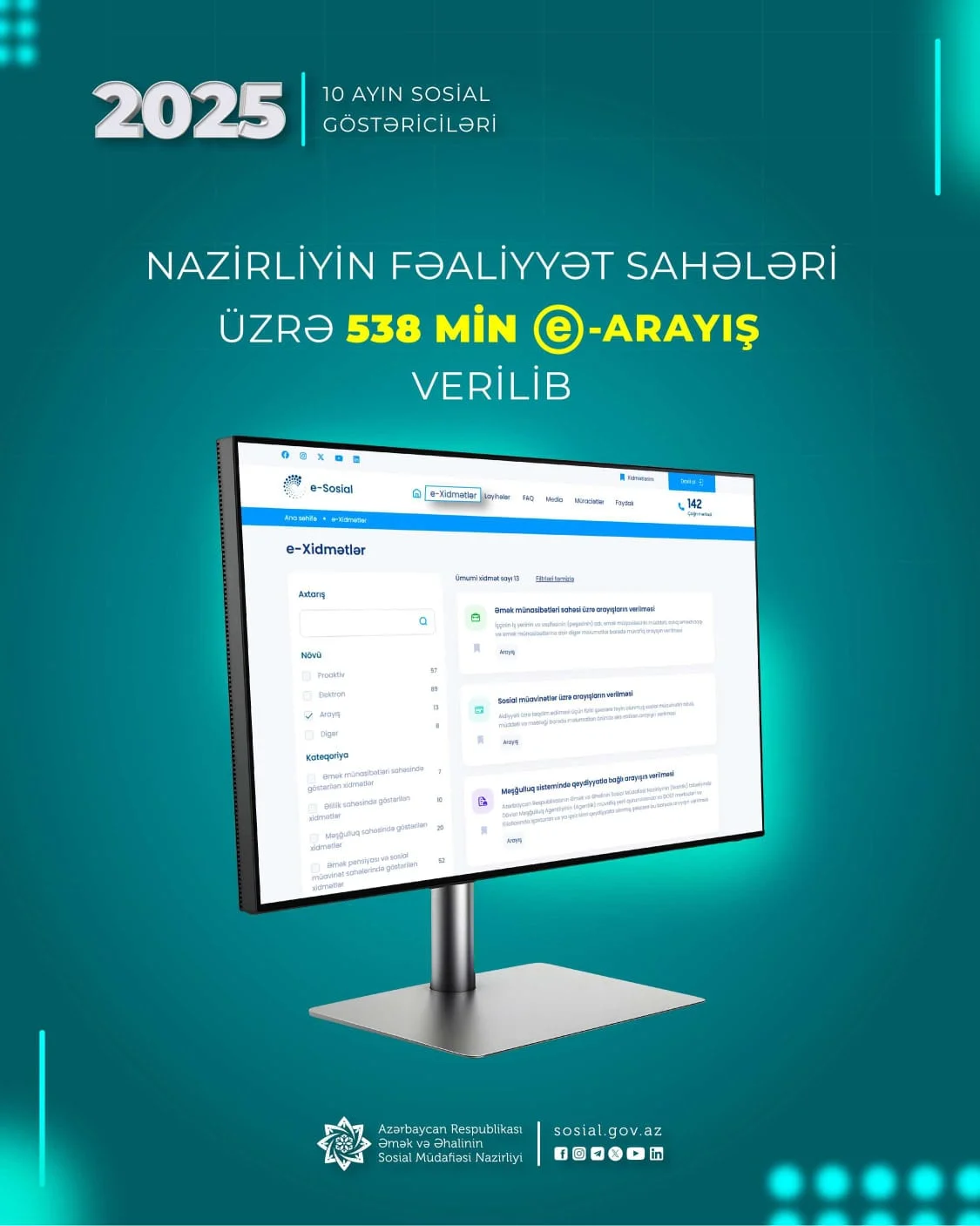 Yanvar-oktyabr aylarında Nazirliyin fəaliyyət sahələri üzrə 538 min e-arayış verilib