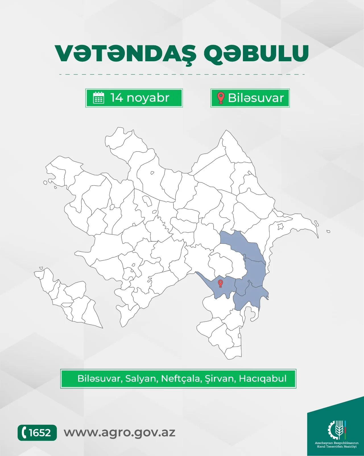 Kənd təsərrüfatı naziri Məcnun Məmmədov Biləsuvarda vətəndaşları qəbul edəcək