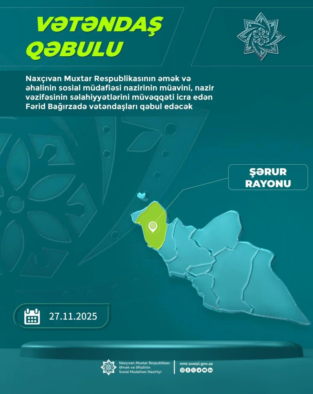 Fərid Bağırzadə Şərur rayonunda vətəndaşları qəbul edəcək