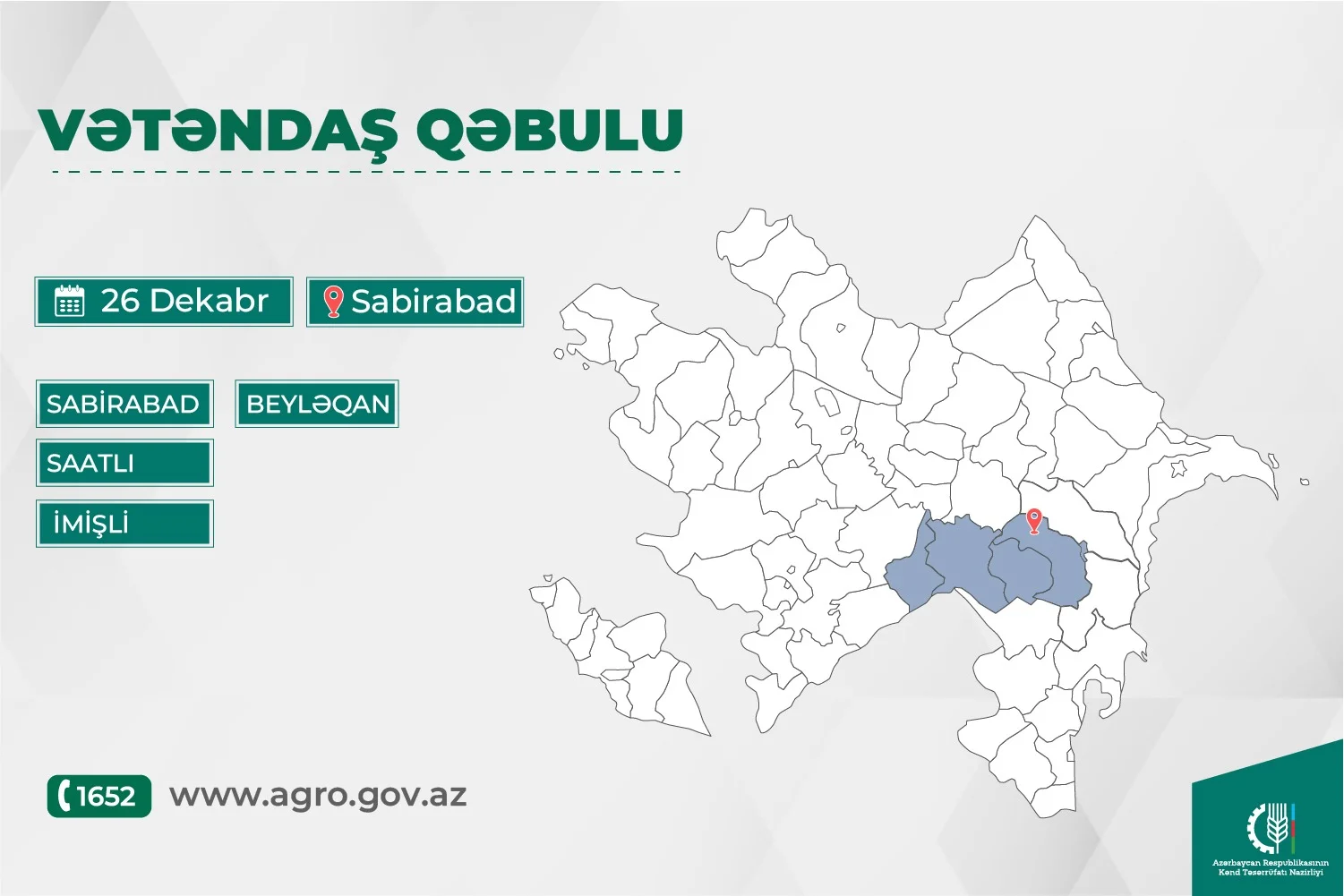 Kənd təsərrüfatı naziri Məcnun Məmmədov Sabirabadda vətəndaşları qəbul edəcək