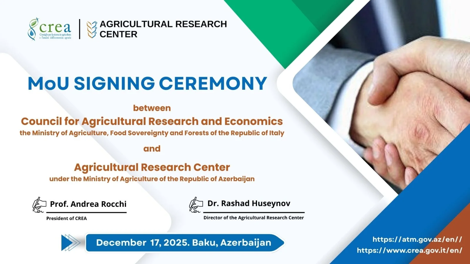 Aqrar Tədqiqatlar Mərkəzi və İtaliyanın Kənd Təsərrüfatı Tədqiqatları və Kənd Təsərrüfatı İqtisadiyyatı Şurası arasında Anlaşma Memorandumu imzalanıb
