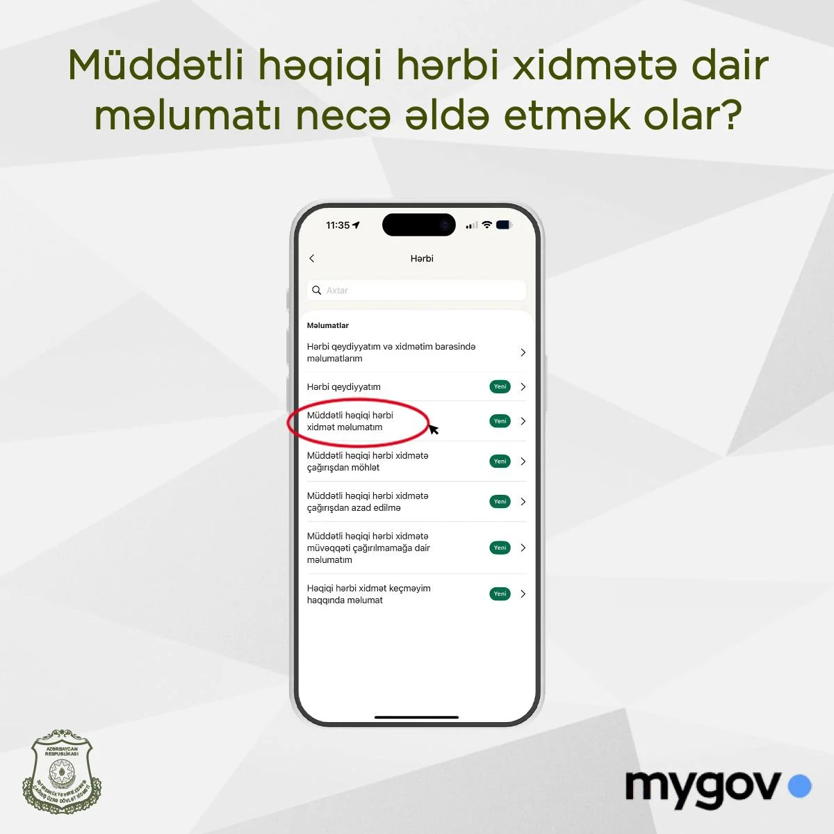 Müddətli Həqiqi Hərbi Xidmət Məlumatının mygov Üzərindən Alınması