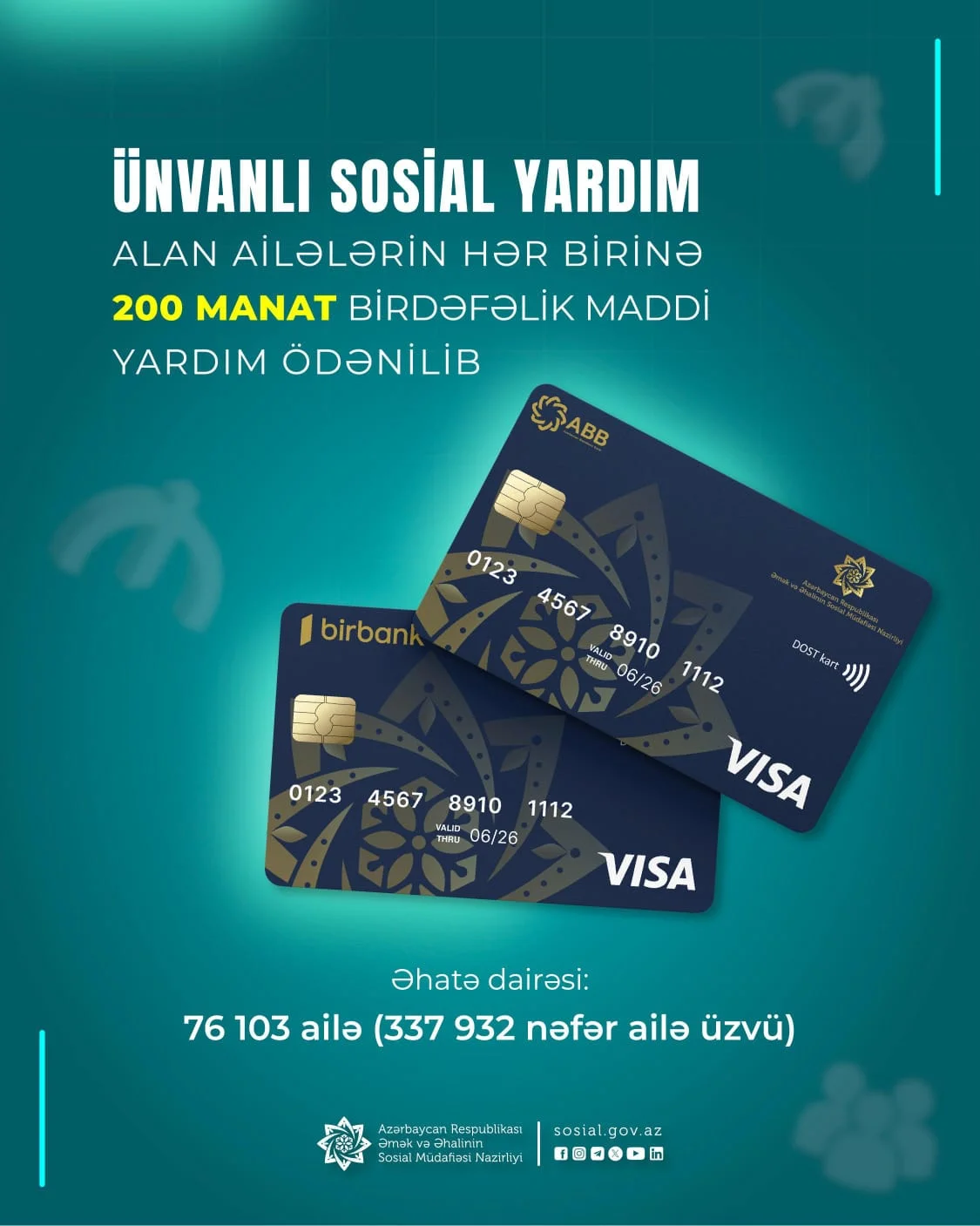 Ünvanlı sosial yardım alan ailələrə birdəfəlik maddi yardım ödənilib