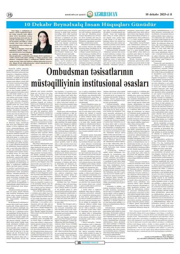Ombudsman Səbinə Əliyevanın İnsan Hüquqları Gününə həsr olunmuş məqaləsi dərc olunub
