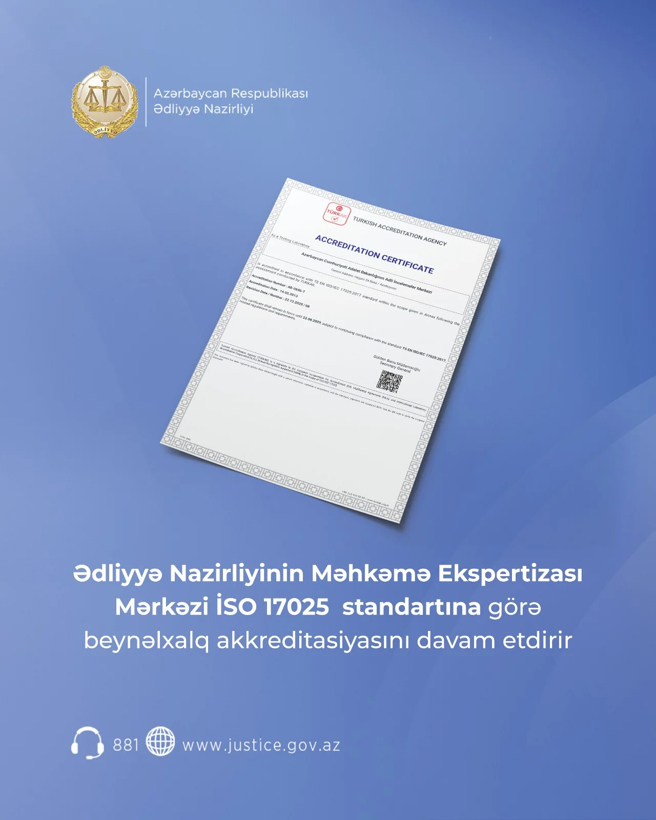 Ədliyyə Nazirliyinin Məhkəmə Ekspertizası Mərkəzi İSO 17025 standartına görə beynəlxalq akkreditasiyasını davam etdirir