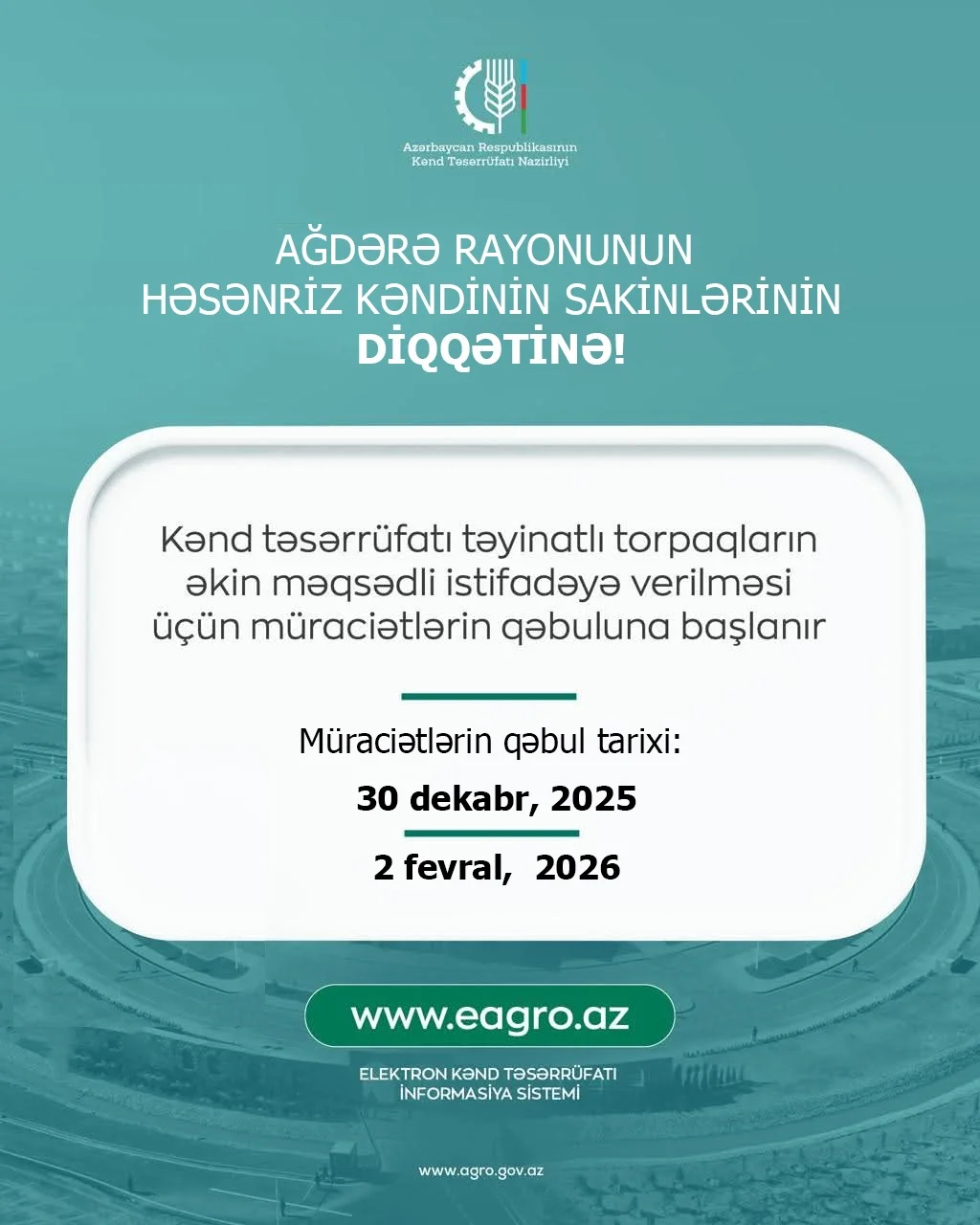 Ağdərə rayonunun Həsənriz kəndində torpaqların əkin məqsədli istifadəyə verilməsi üçün müraciətlərin qəbuluna başlanır