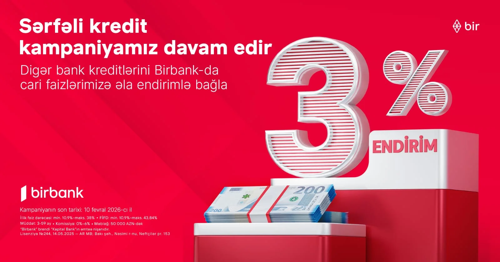 Kreditini Birbank-a gətirənlər 3% endirim qazanır - kampaniya davam edir