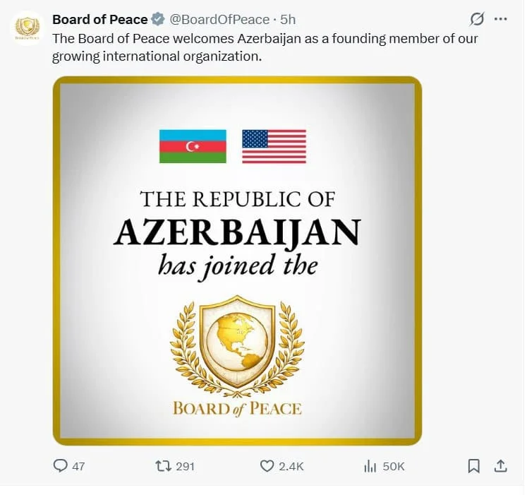 Sülh Şurası Azərbaycanı Təsisçi Üzv Kimi Salamlayır