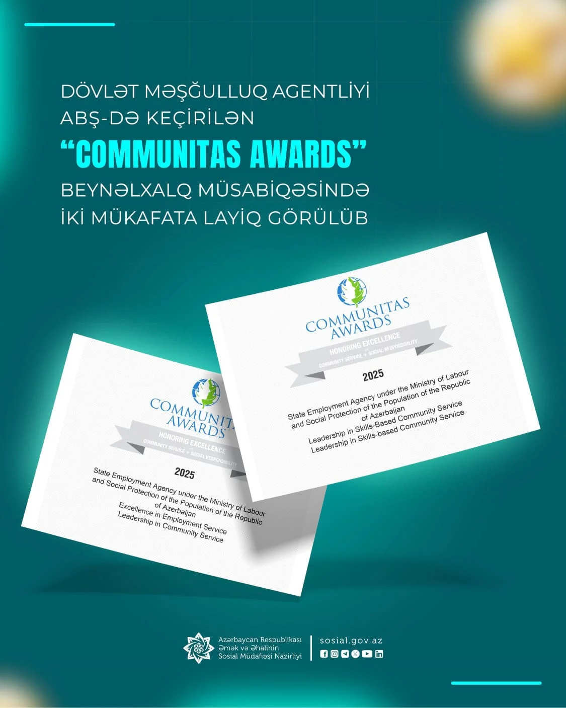 Dövlət Məşğulluq Agentliyi ABŞ-də keçirilən “Communitas Awards” beynəlxalq müsabiqəsində iki mükafata layiq görülüb