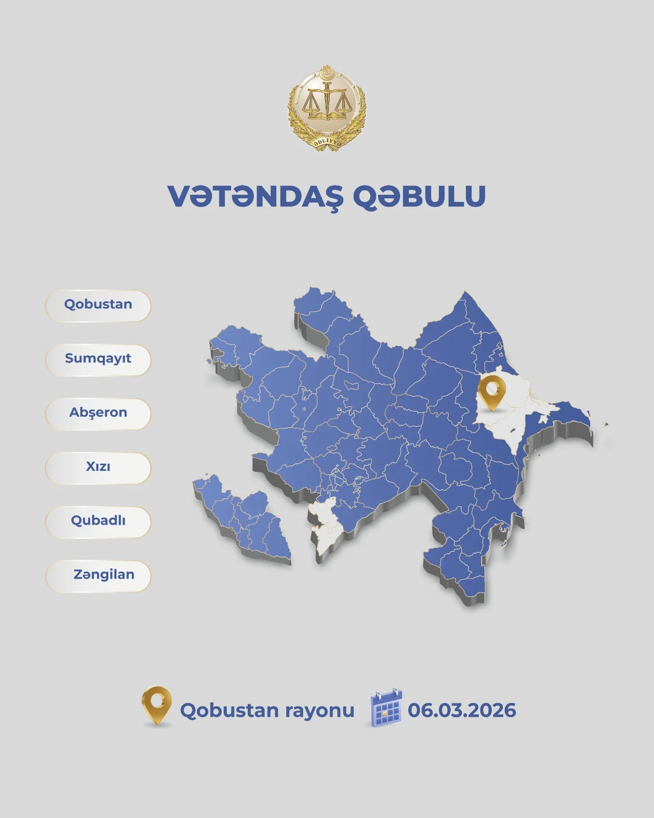 Ədliyyə naziri Qobustan rayonunda vətəndaşları qəbul edəcək