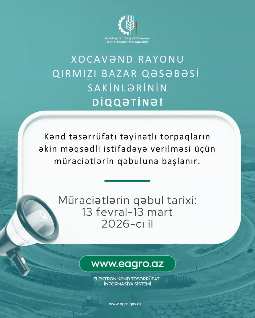 Xocavənd rayonunun Qırmızı bazar qəsəbəsində torpaqların əkin məqsədli istifadəyə verilməsi üçün müraciətlərin qəbuluna başlanır