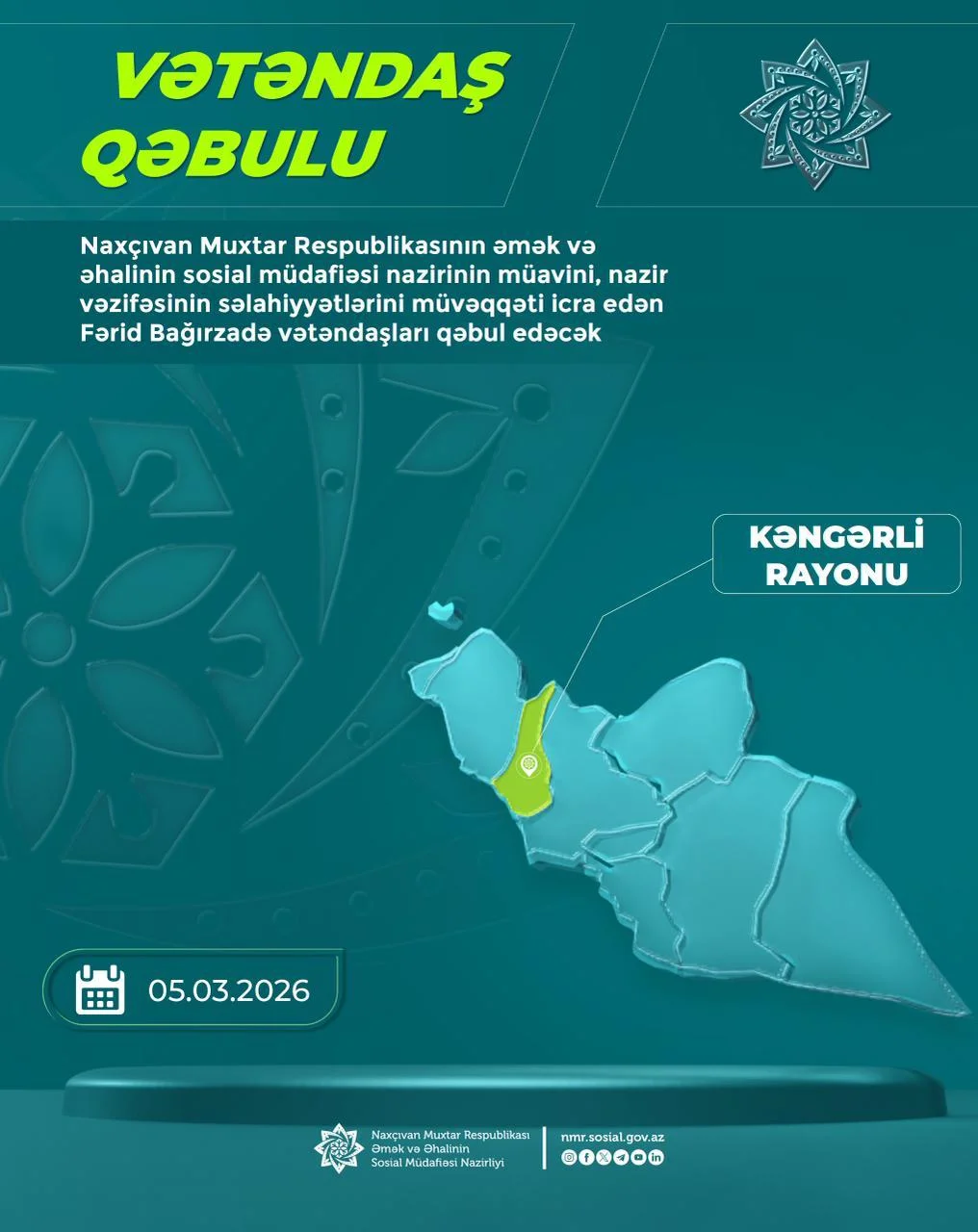 Fərid Bağırzadə Kəngərli rayonunda vətəndaşları qəbul edəcək