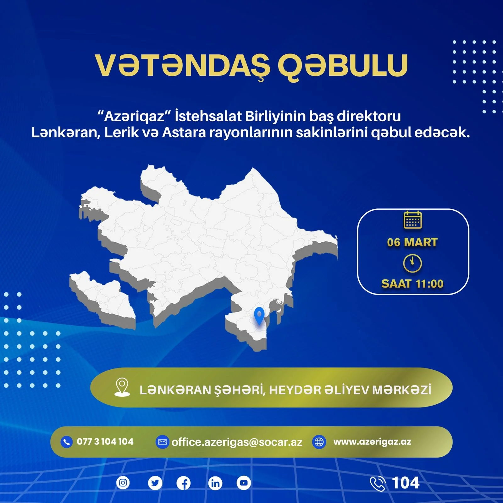 SOCAR-ın "Azəriqaz" İB rəhbərliyi vətəndaşları bu dəfə Lənkəranda qəbul edəcək