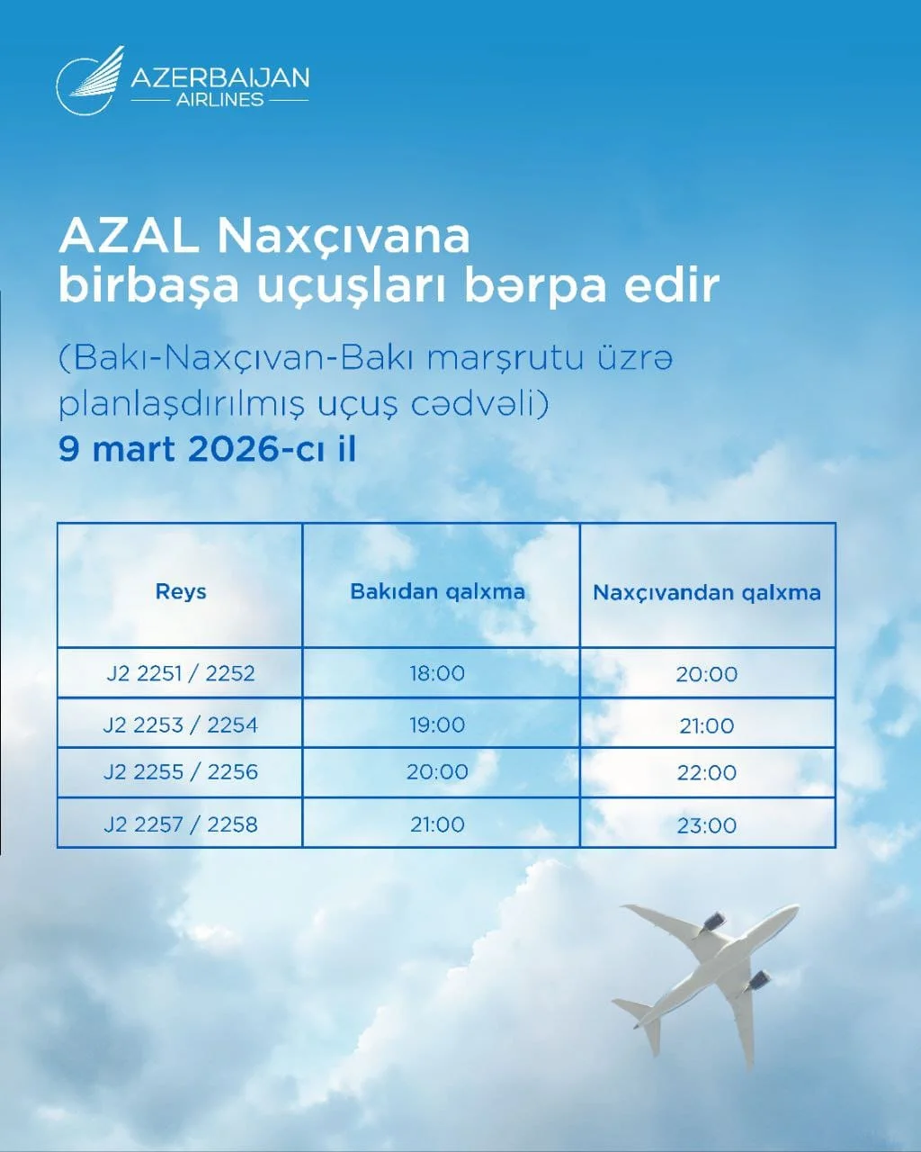 AZAL Naxçıvana birbaşa uçuşları bərpa edir