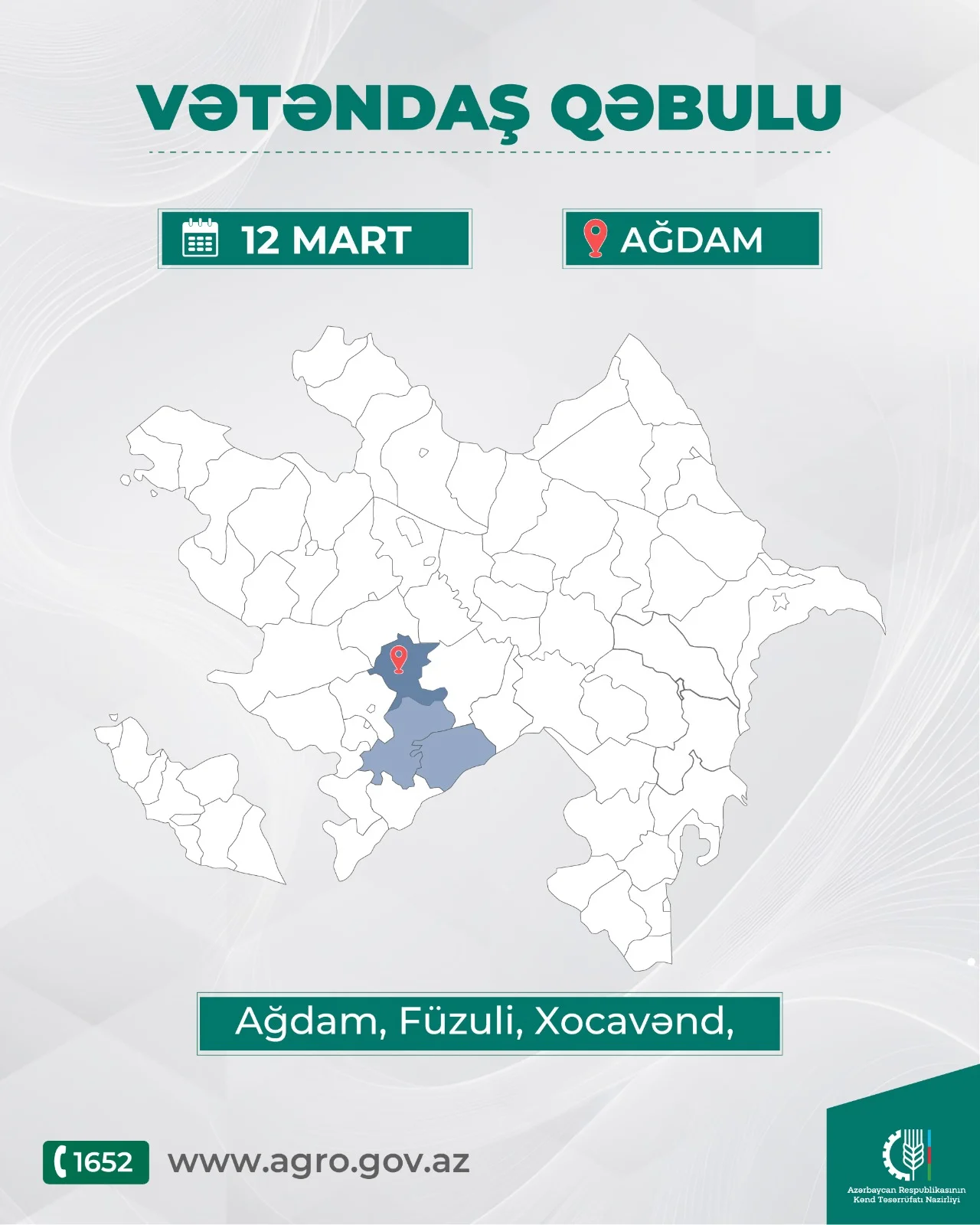 Kənd təsərrüfatı naziri Məcnun Məmmədov Ağdamda vətəndaşları qəbul edəcək