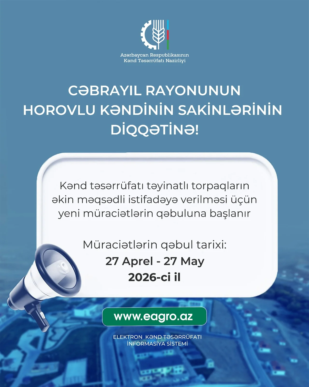 Cəbrayılın Horovlu kəndində torpaqların əkin məqsədli istifadəyə verilməsi üçün müraciətlərin qəbuluna başlanır