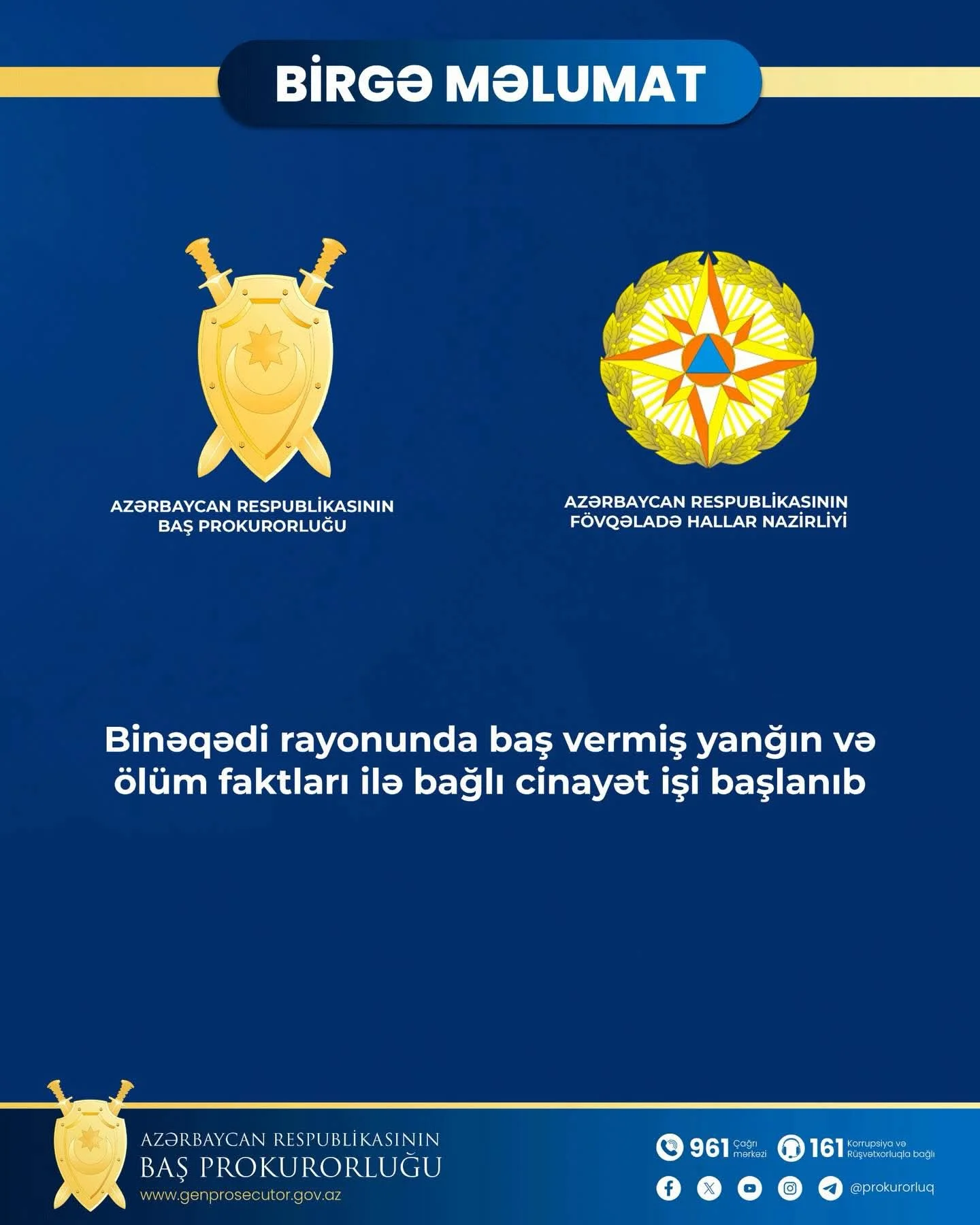 Binəqədi rayonunda baş vermiş yanğın və ölüm faktları ilə bağlı cinayət işi başlanıb