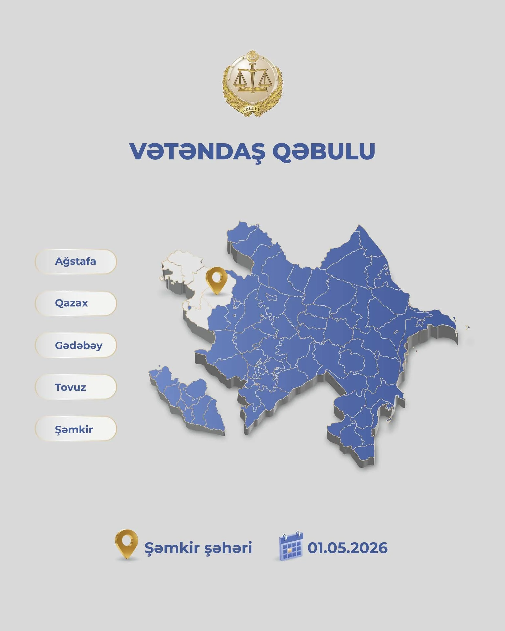 Ədliyyə naziri Şəmkirdə vətəndaşları qəbul edəcək