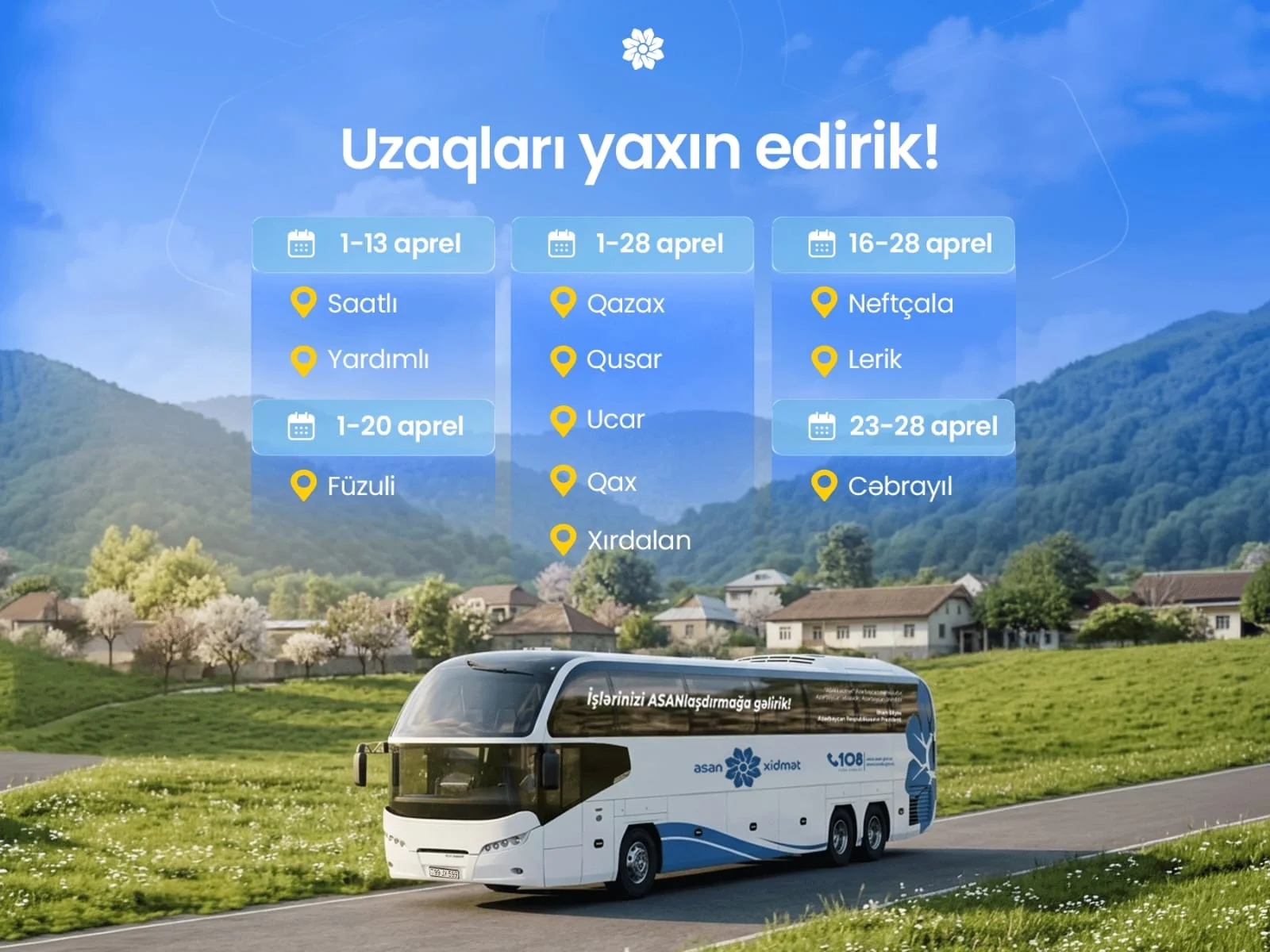 Apreldə Səyyar ASAN xidmətin fəaliyyət göstərəcəyi ünvanlar