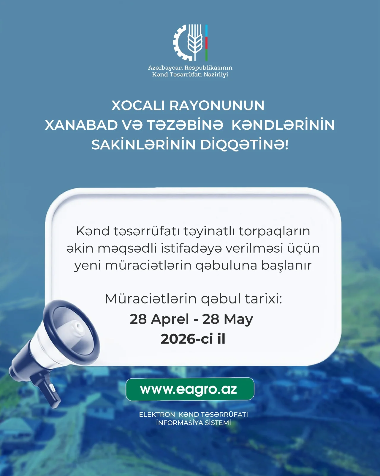 Xocalının Xanabad və Təzəbinə kəndlərində torpaqların əkin məqsədli istifadəyə verilməsi üçün müraciətlərin qəbuluna başlanır