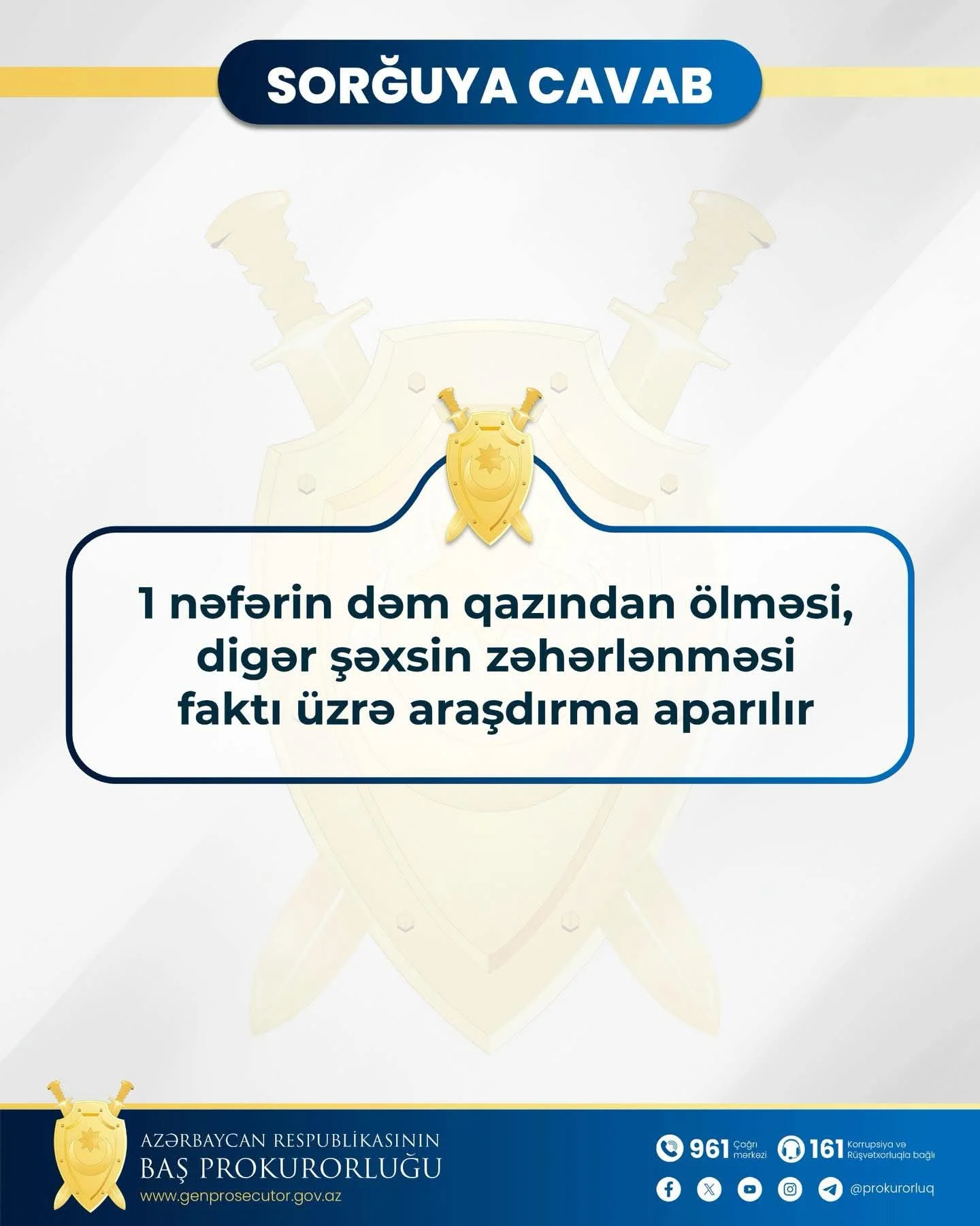 Bir nəfərin dəm qazından ölməsi, digər şəxsin zəhərlənməsi faktı üzrə araşdırma aparılır