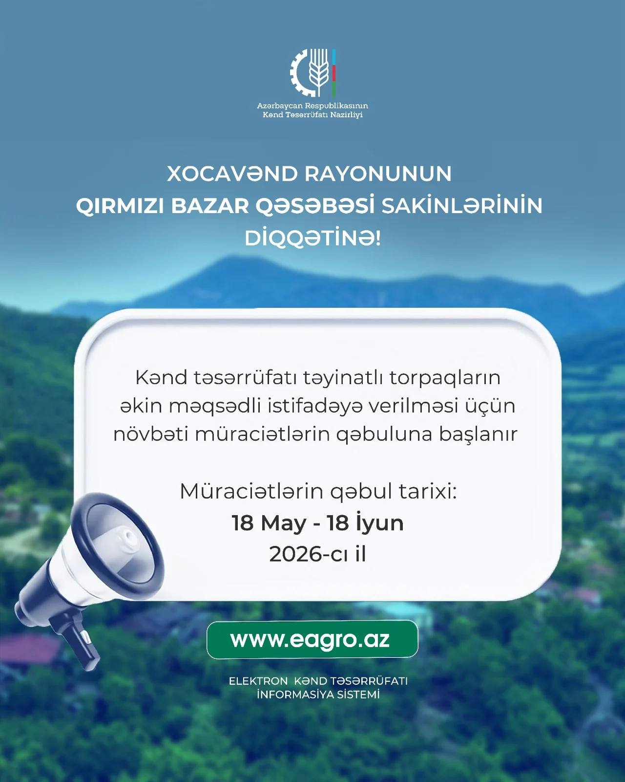 Xocavəndin Qırmızı bazar qəsəbəsində torpaqların əkin məqsədli istifadəyə verilməsi üçün növbəti müraciətlərin qəbuluna başlanır