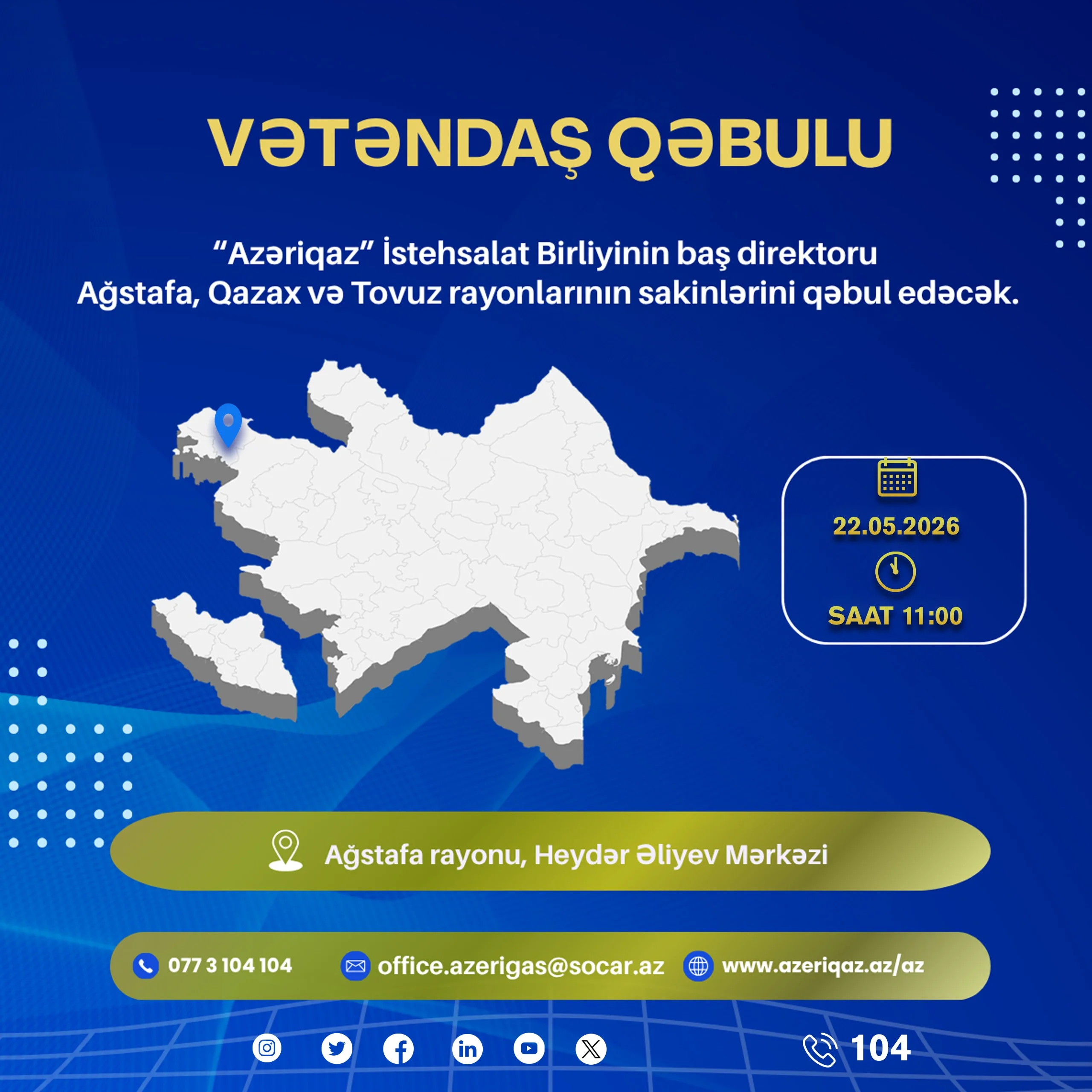 SOCAR-ın "Azəriqaz" İB rəhbərliyinin növbəti vətəndaş qəbulu Ağstafa rayonunda keçiriləcək