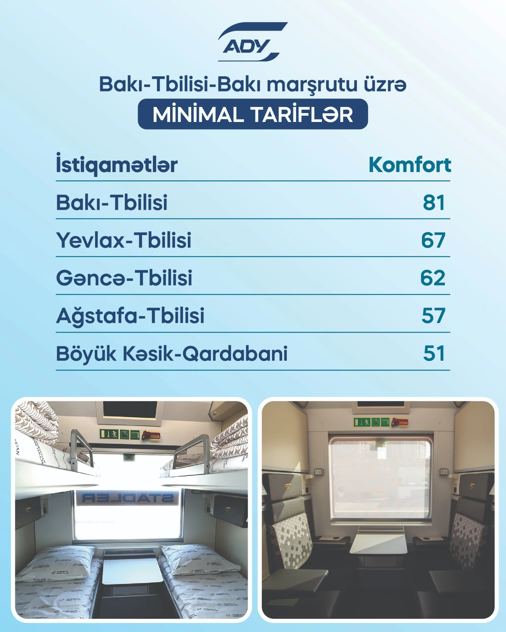 Bakı–Tbilisi–Bakı marşrutunda siniflər üzrə gediş haqqı açıqlandı