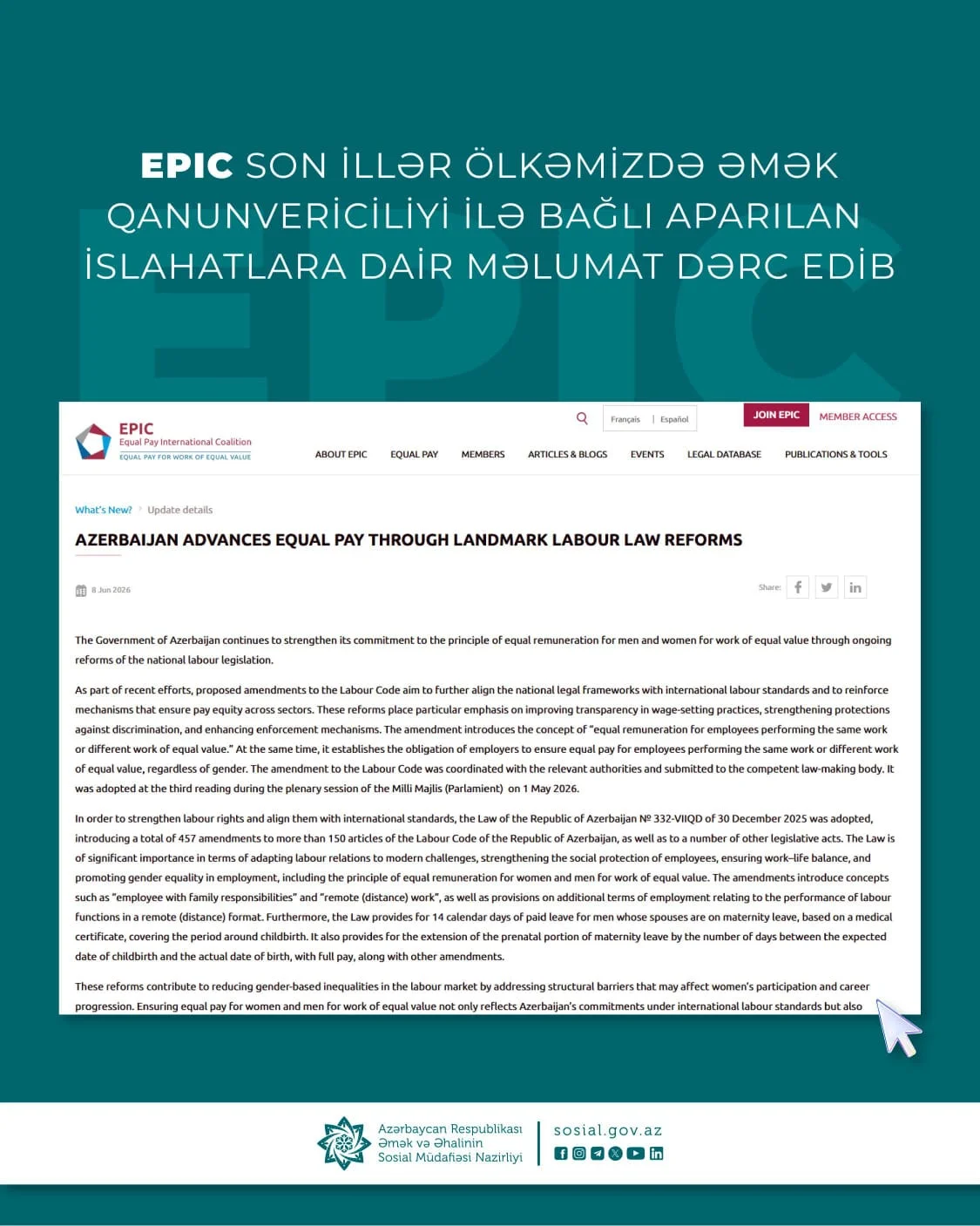 EPIC son illər ölkəmizdə əmək qanunvericiliyi ilə bağlı aparılan islahatlara dair məlumat dərc edib