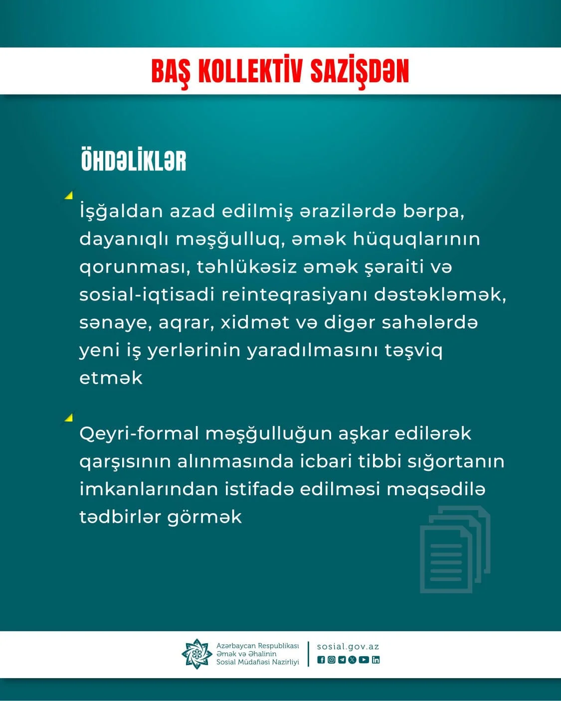 Baş Kollektiv Sazişdə əmək və sosial müdafiə sahəsi üzrə də mühüm öhdəliklər əksini tapır