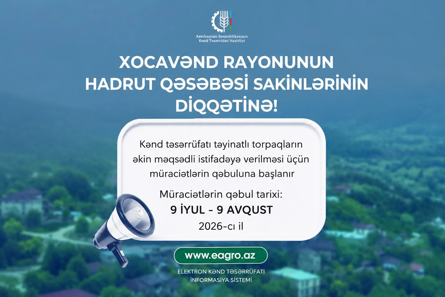 Xocavəndin Hadrut qəsəbəsində torpaqların əkin məqsədli istifadəyə verilməsi üçün müraciətlərin qəbuluna başlanır