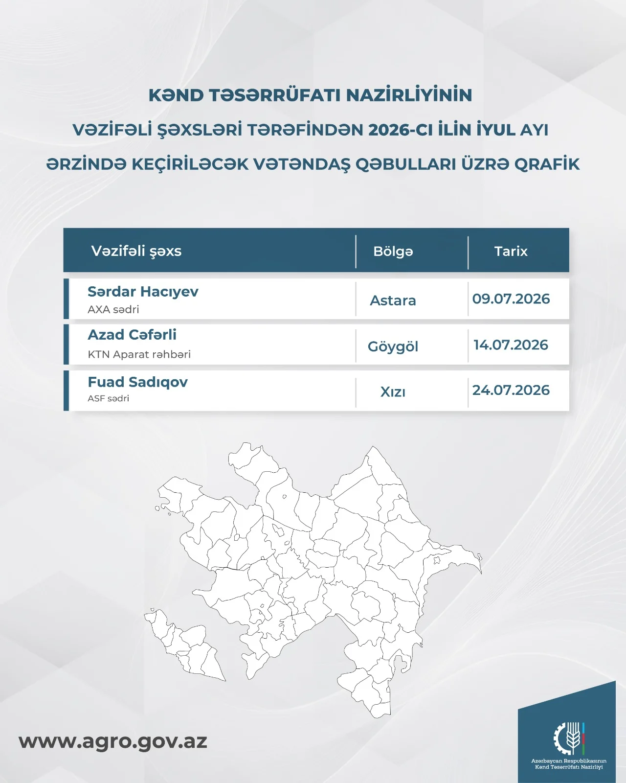 Kənd Təsərrüfatı Nazirliyinin vəzifəli şəxslərinin iyul ayında bölgələrdə keçirəcəyi vətəndaş qəbullarının qrafiki təsdiqlənib