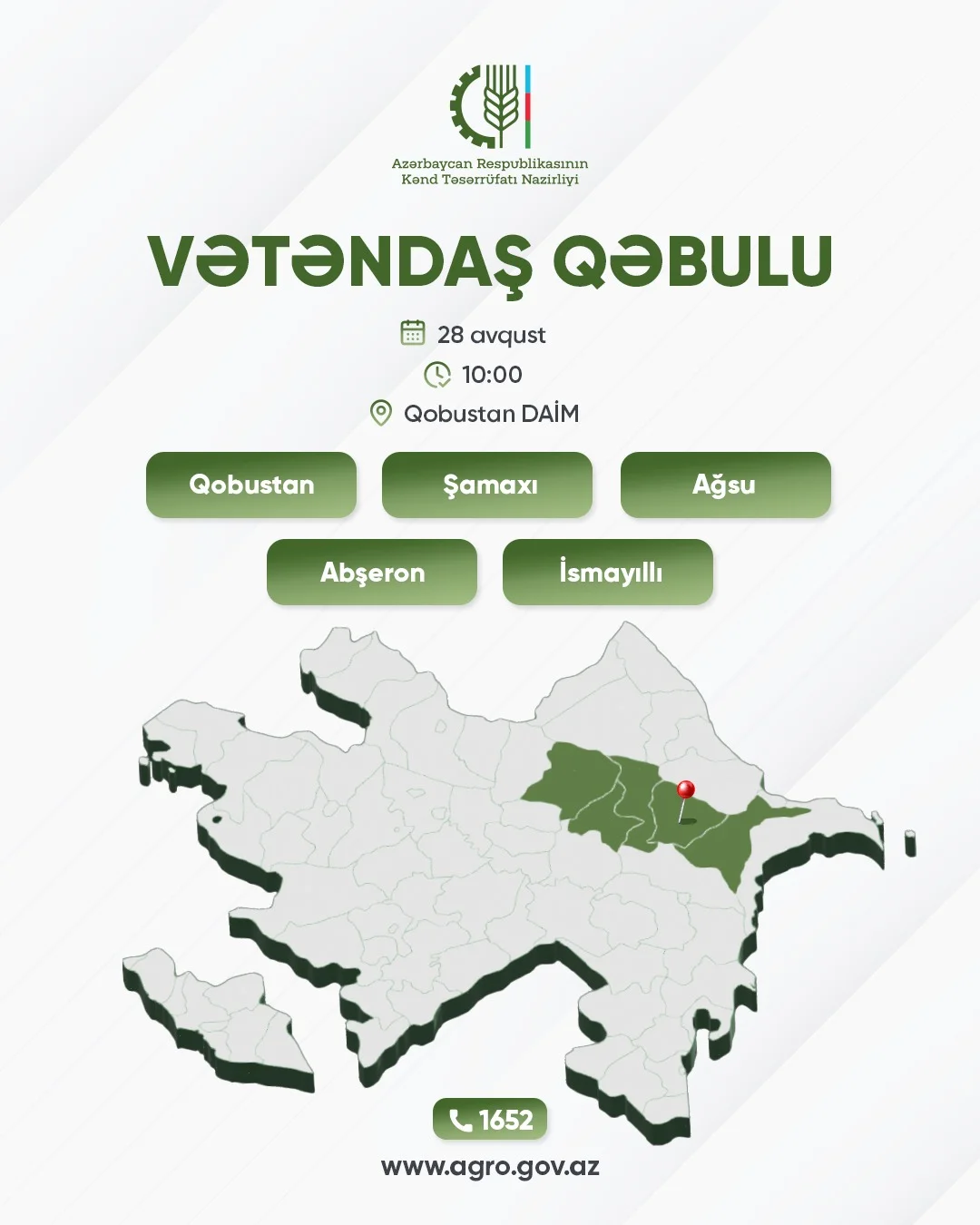 Kənd təsərrüfatı naziri Məcnun Məmmədov Qobustanda vətəndaşları qəbul edəcək